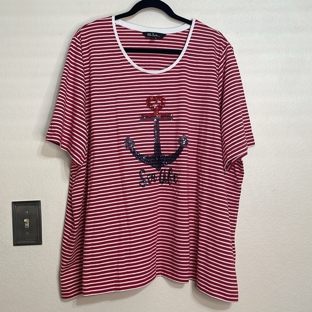 Ulla Popken T-Shirt Anchor Sea Life 24/26 Red Striped Sequin Short Sleeve‎